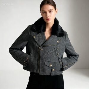 LaPense charcoal grey wool herringbone bike jacket/winter coat with fur collar
